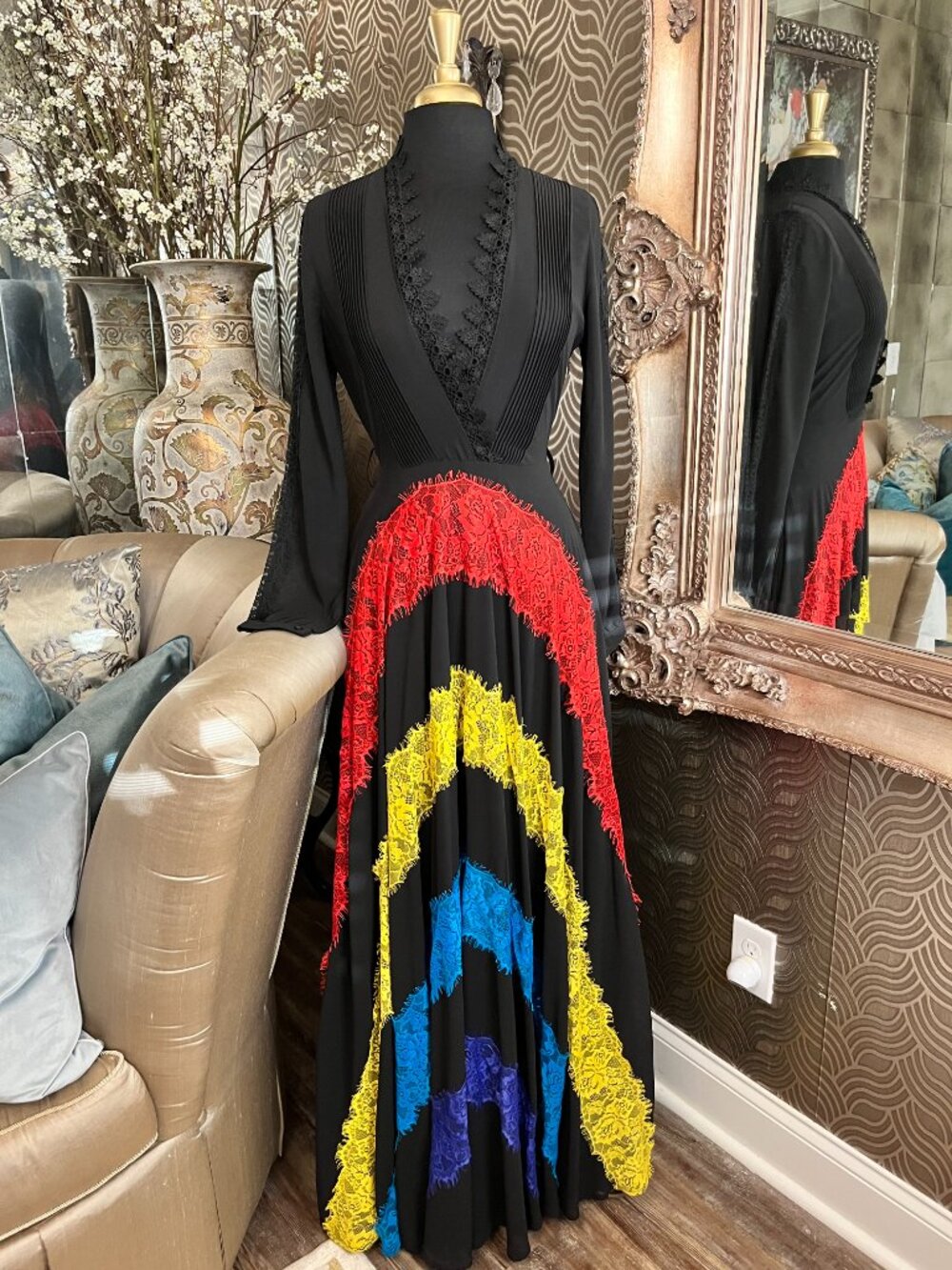 Latiste pleated bodice rainbow lace black maxi dress